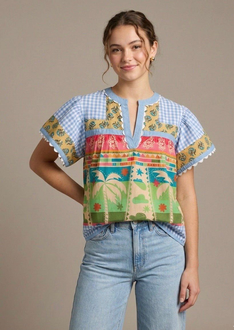 Flutter Sleeve Mix Pattern Top from THML - High Call Outfitters