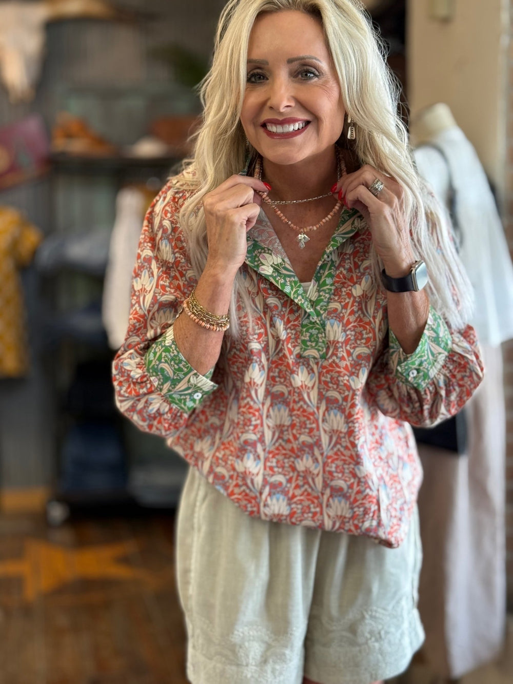 Wide Collar Multi Print Top - High Call Outfitters