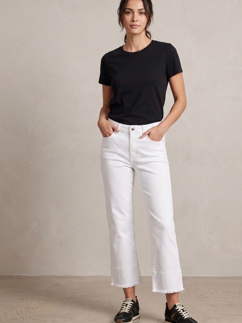 Hi-Low Fringe Hem Stretch Denim Jeans from Multiples - High Call Outfitters