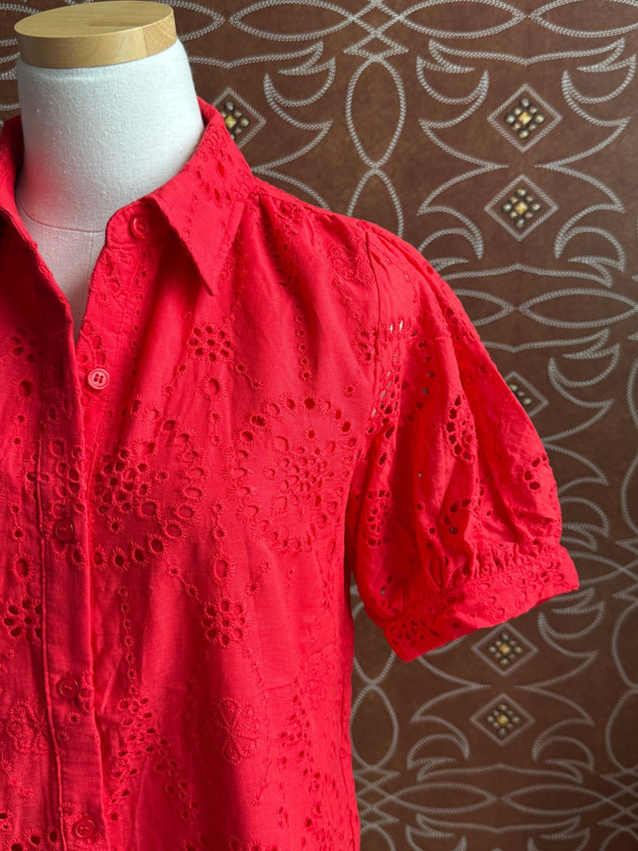 Scalloped Cotton Eyelet Mini Shirt Dress with Pockets - High Call Outfitters