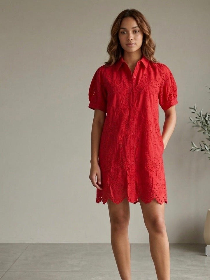 Scalloped Cotton Eyelet Mini Shirt Dress with Pockets - High Call Outfitters