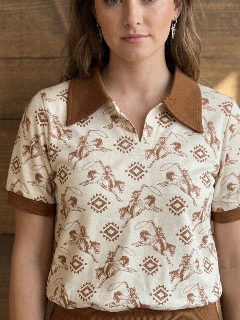Retro Rodeo Vintage Western Print Knit Polo - High Call Outfitters