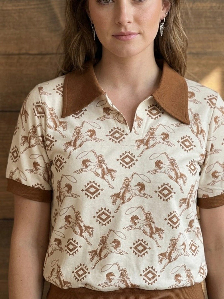 Retro Rodeo Vintage Western Print Knit Polo - High Call Outfitters