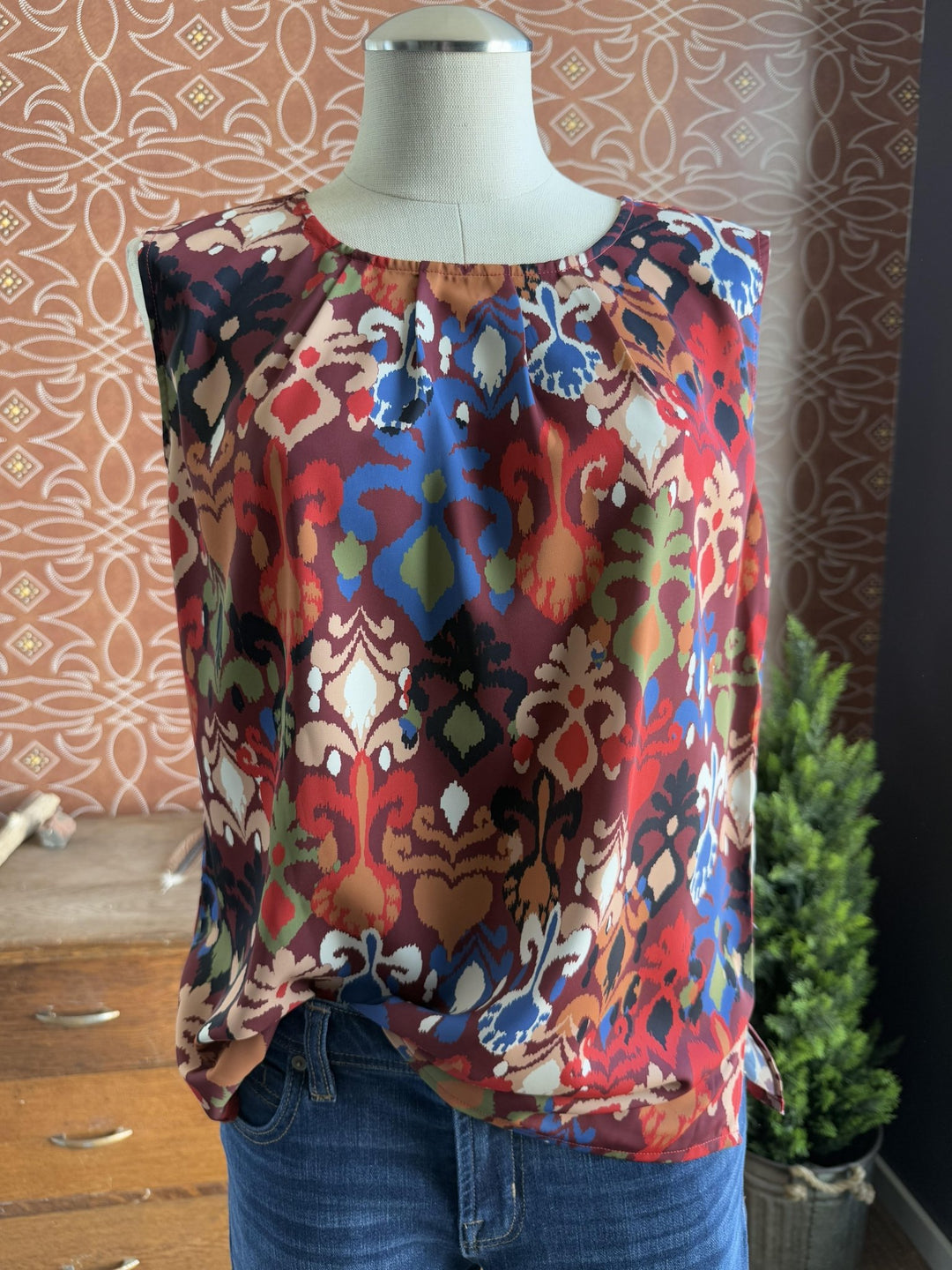 Abstract Ikat Print Sleeveless Top from Multiples - High Call Outfitters