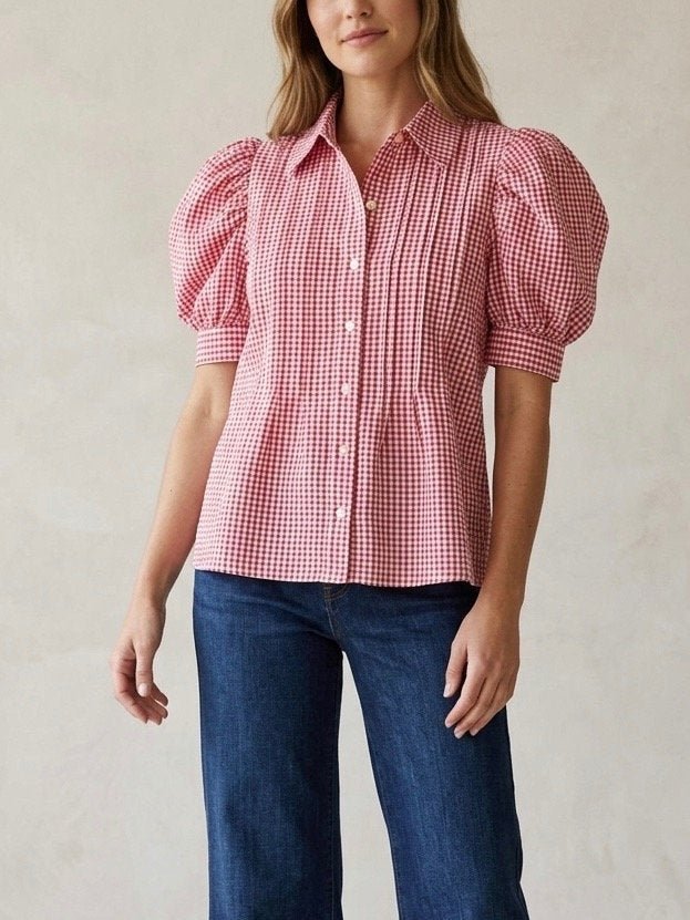 Classic Gingham Puff Sleeve Pintuck Blouse - High Call Outfitters