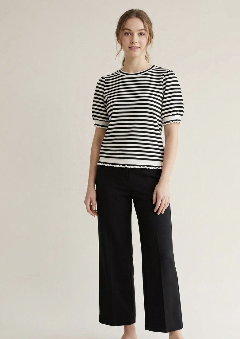 Striped Crew Neck with Ruffle Trim Top - High Call Outfitters