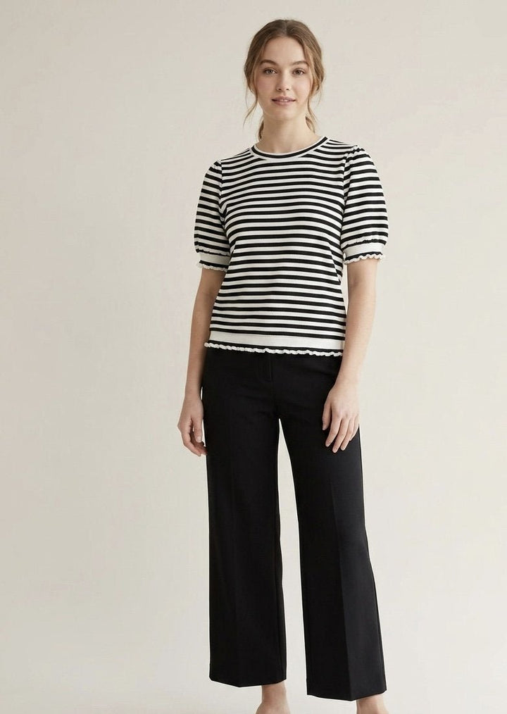 Striped Crew Neck with Ruffle Trim Top - High Call Outfitters