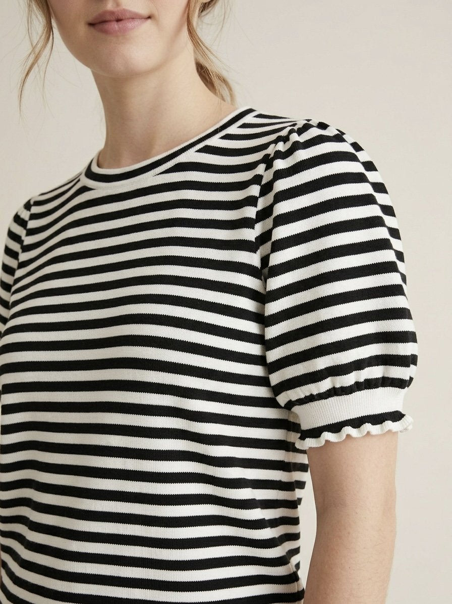 Striped Crew Neck with Ruffle Trim Top - High Call Outfitters