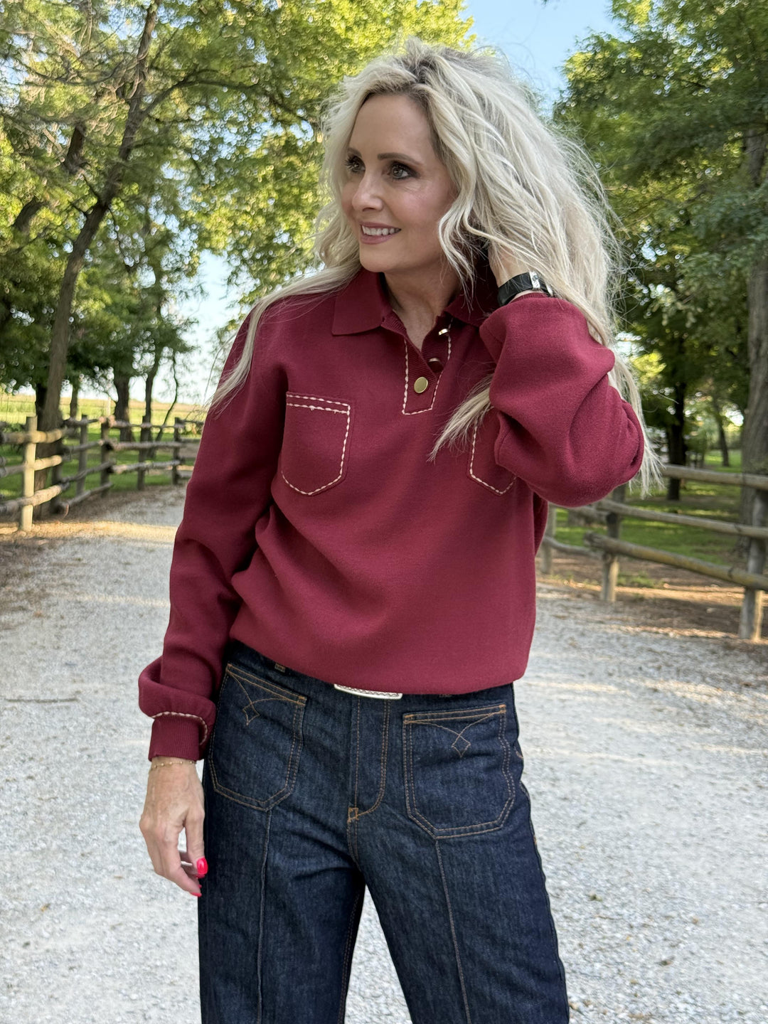 Top Stitched Henley Sweater from THML - High Call Outfitters