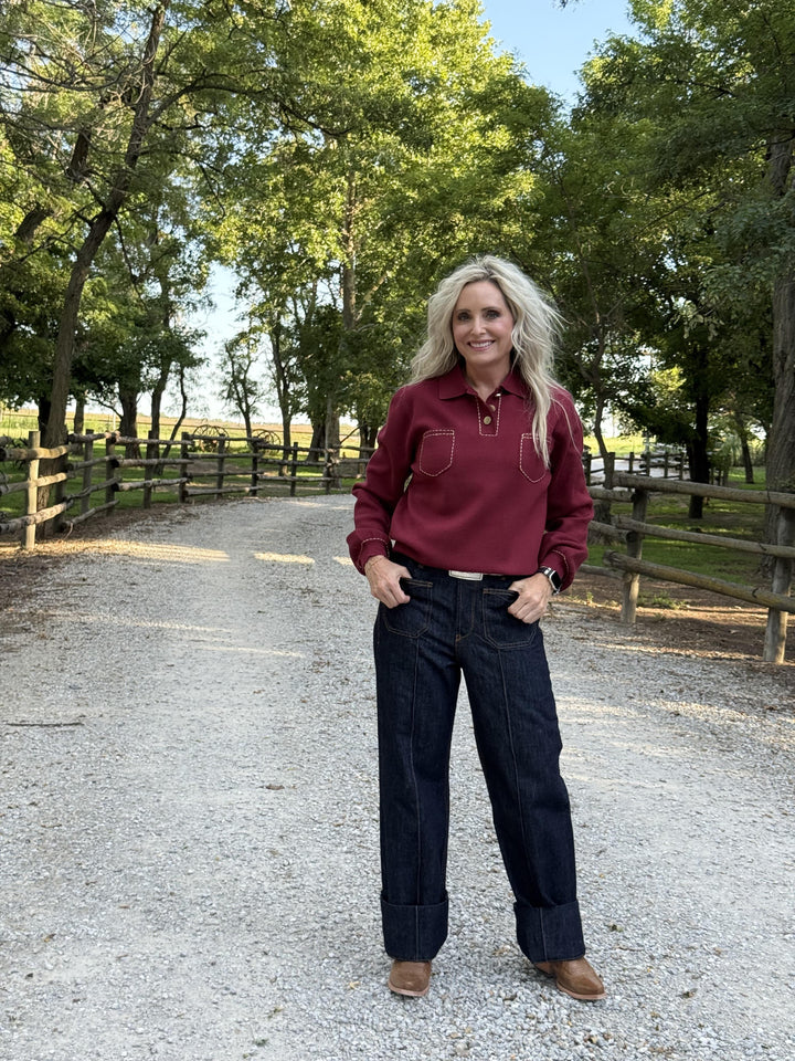 Top Stitched Henley Sweater from THML - High Call Outfitters