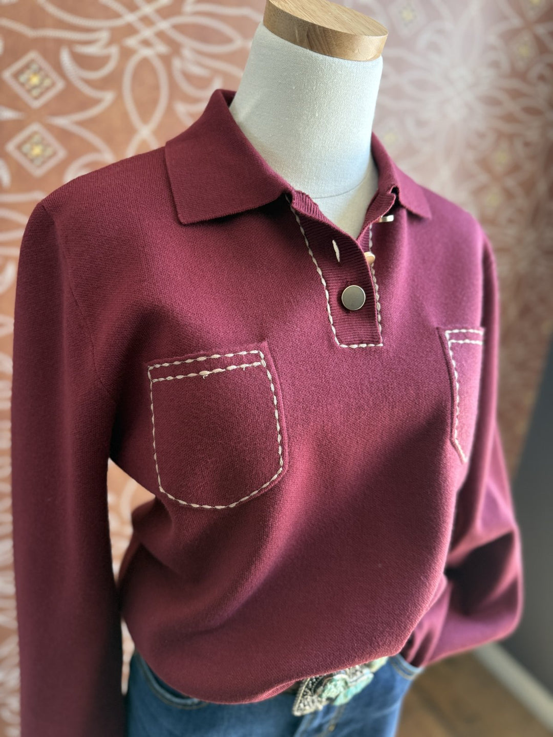 Top Stitched Henley Sweater from THML - High Call Outfitters