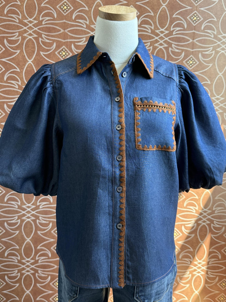 Puff Sleeve Denim Shirt - High Call Outfitters