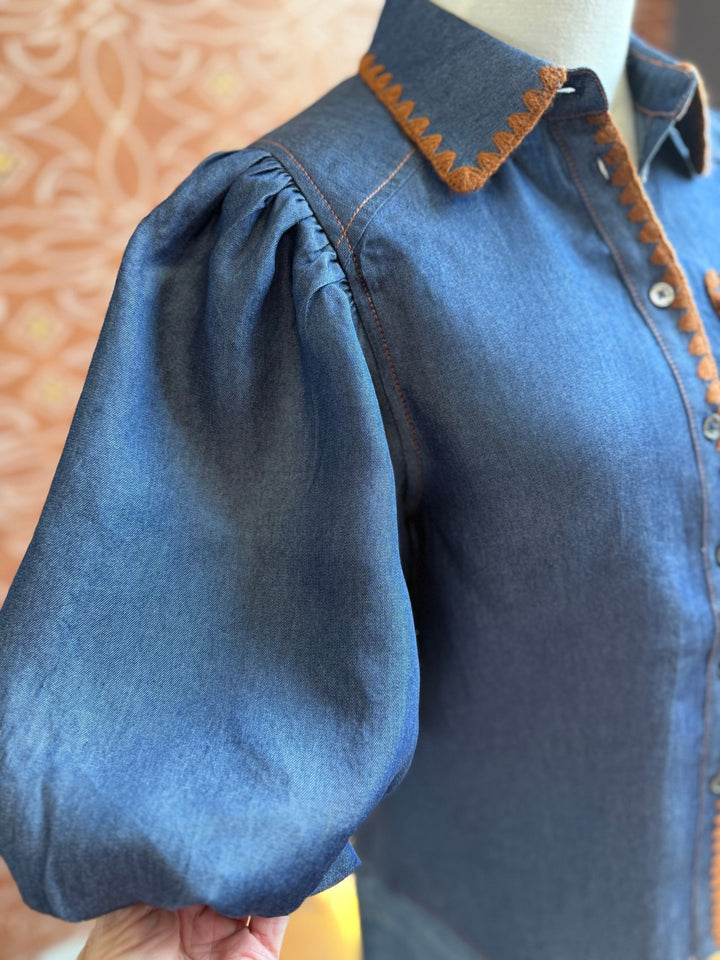 Puff Sleeve Denim Shirt - High Call Outfitters