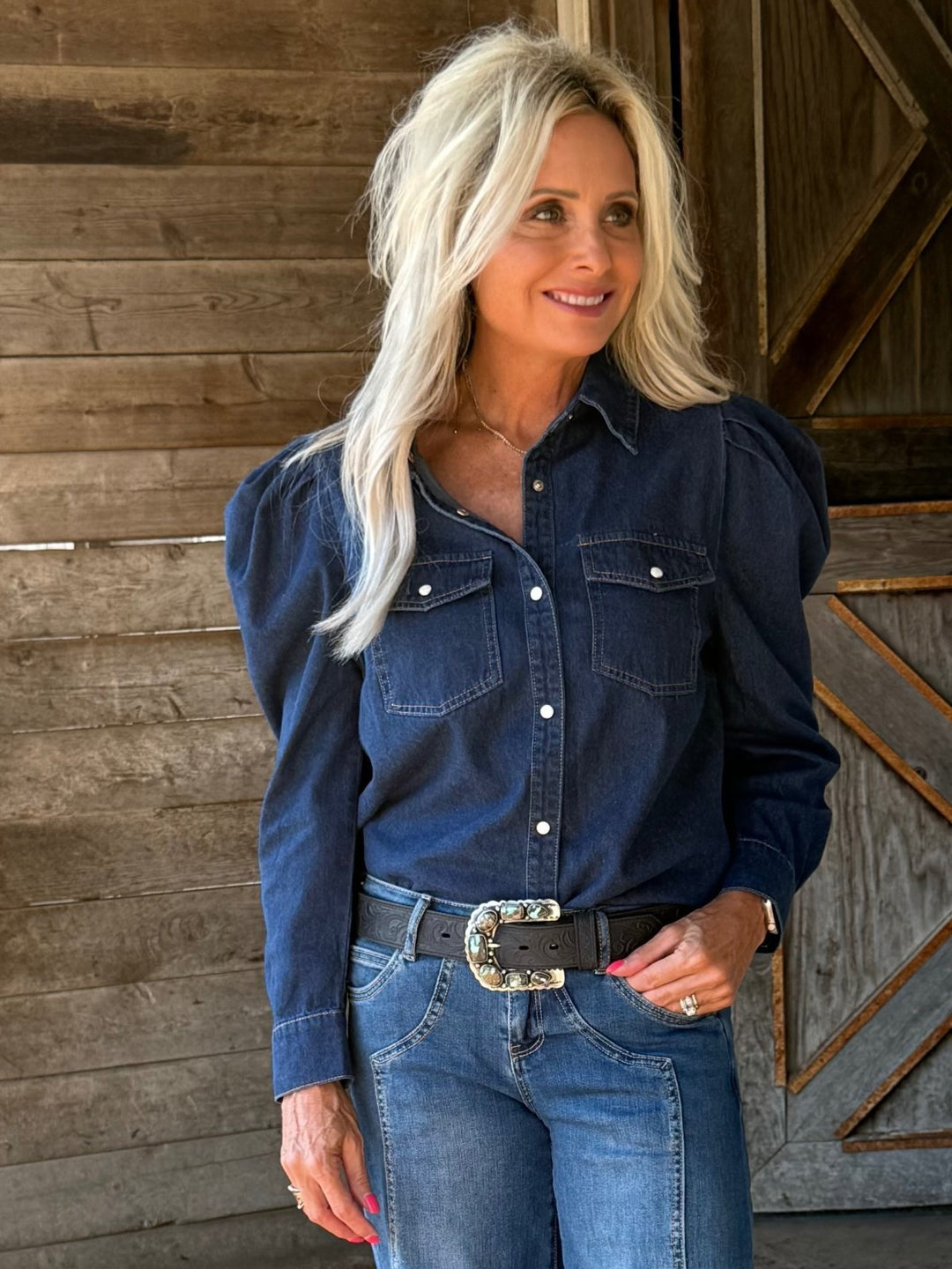 Denim Puff Sleeve Top - High Call Outfitters