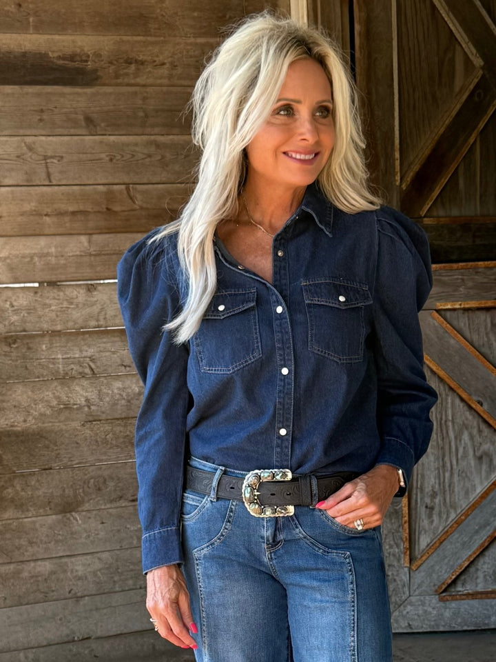 Denim Puff Sleeve Top - High Call Outfitters