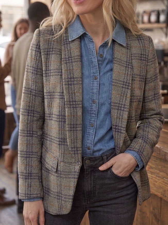Wool Blend Plaid Open Front Blazer - High Call Outfitters