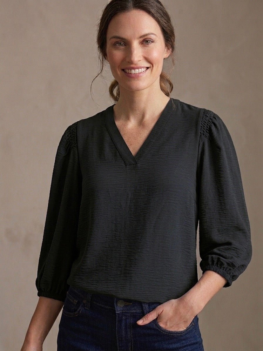 Puff Sleeve Banded V Neck Woven Top from Multiples - High Call Outfitters