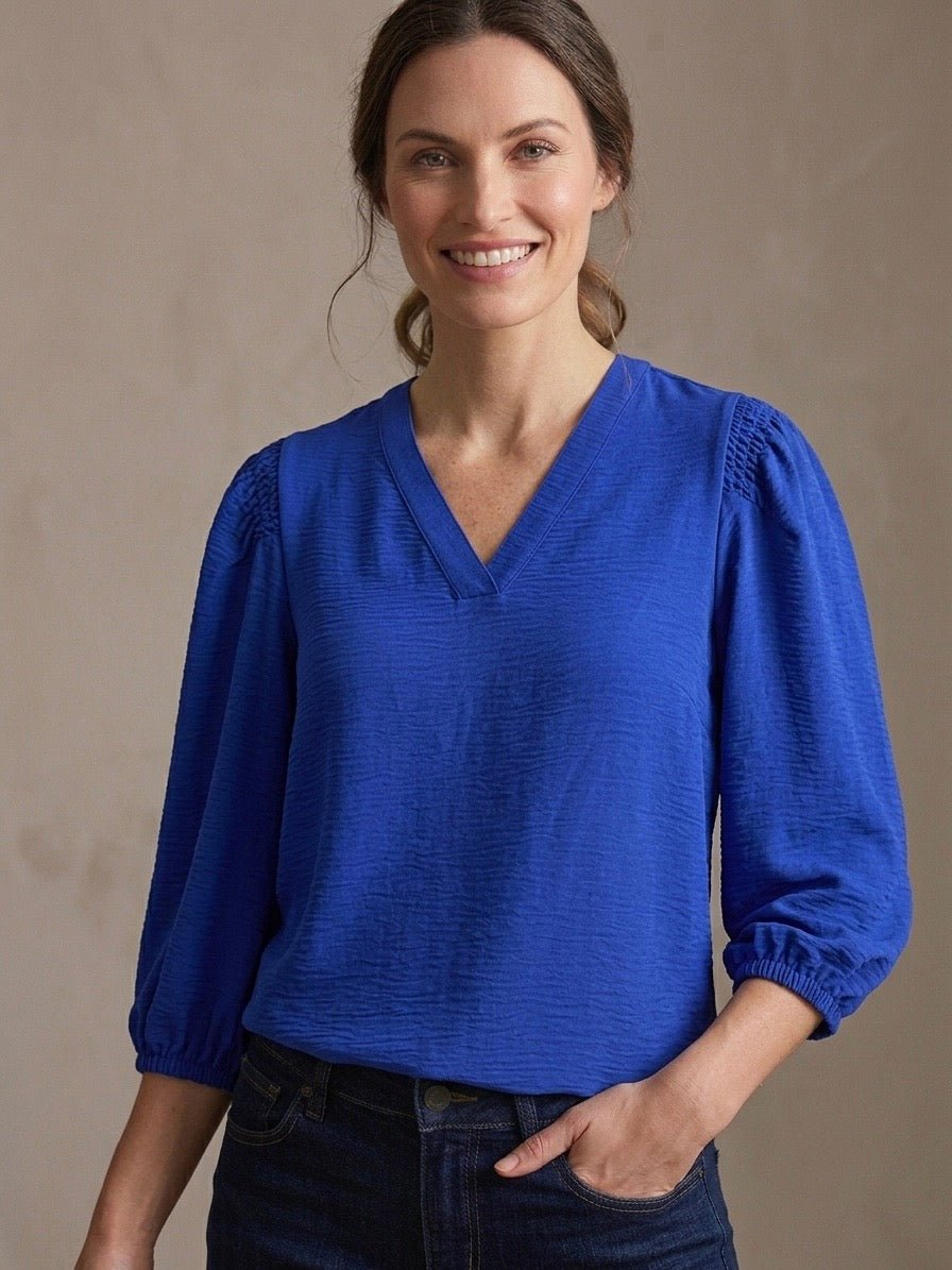 Puff Sleeve Banded V Neck Woven Top from Multiples - High Call Outfitters
