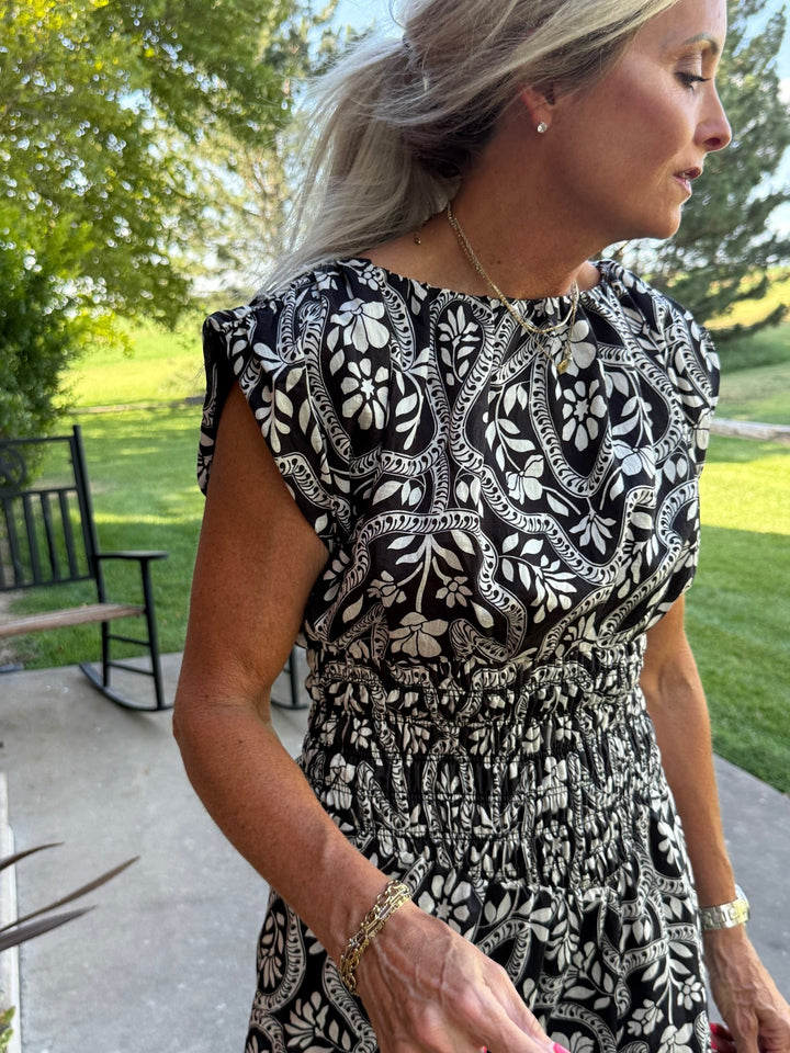 Pattern Maxi Dress with Smocked Waist from THML - High Call Outfitters
