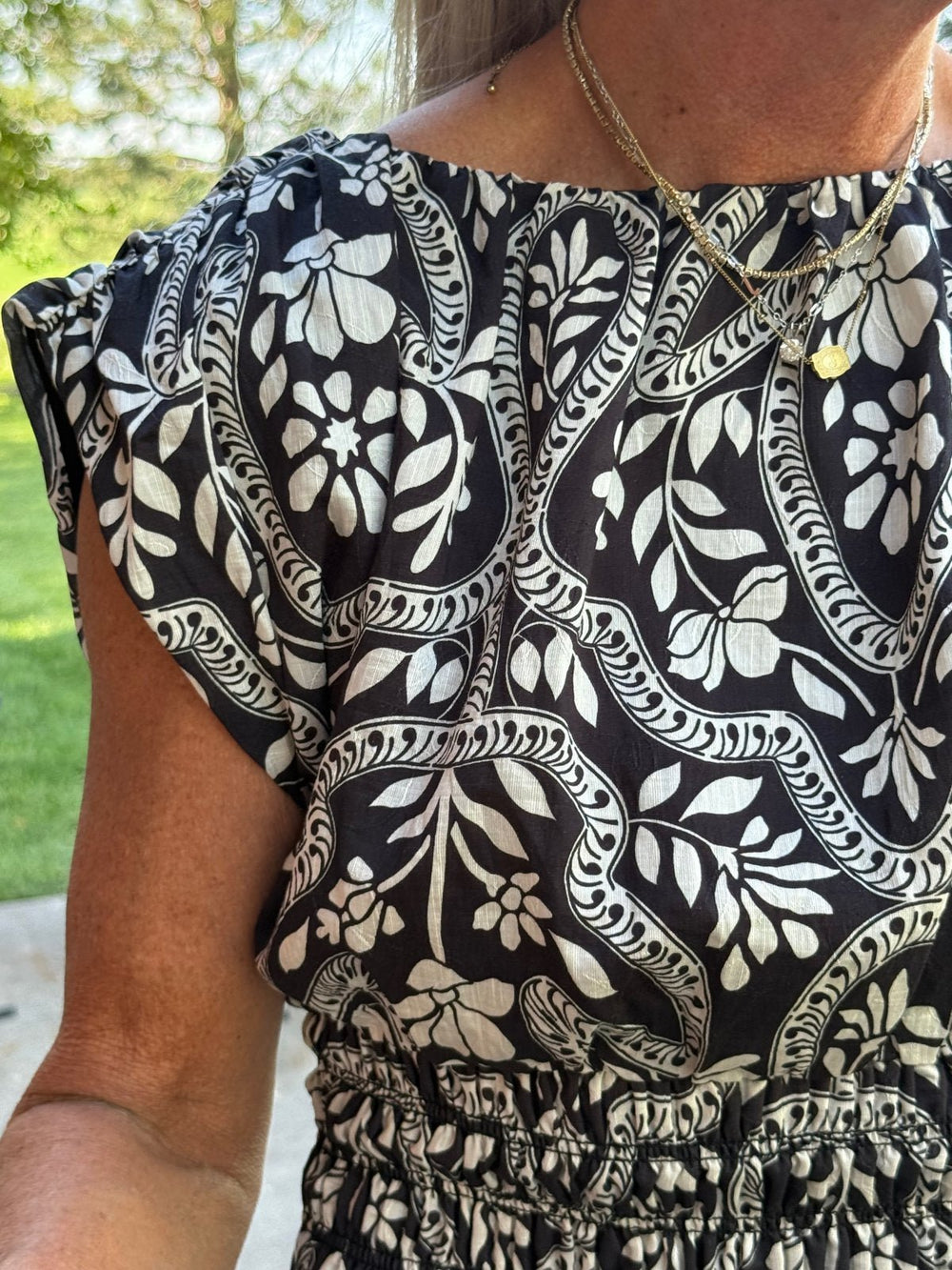 Pattern Maxi Dress with Smocked Waist from THML - High Call Outfitters