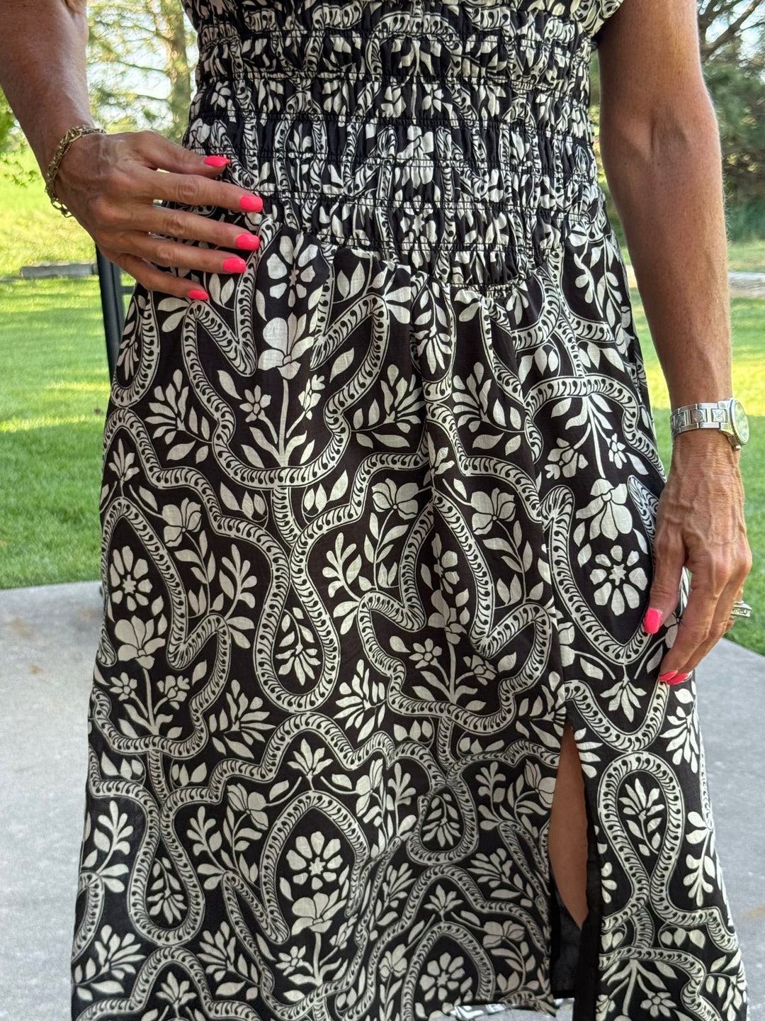 Pattern Maxi Dress with Smocked Waist from THML - High Call Outfitters
