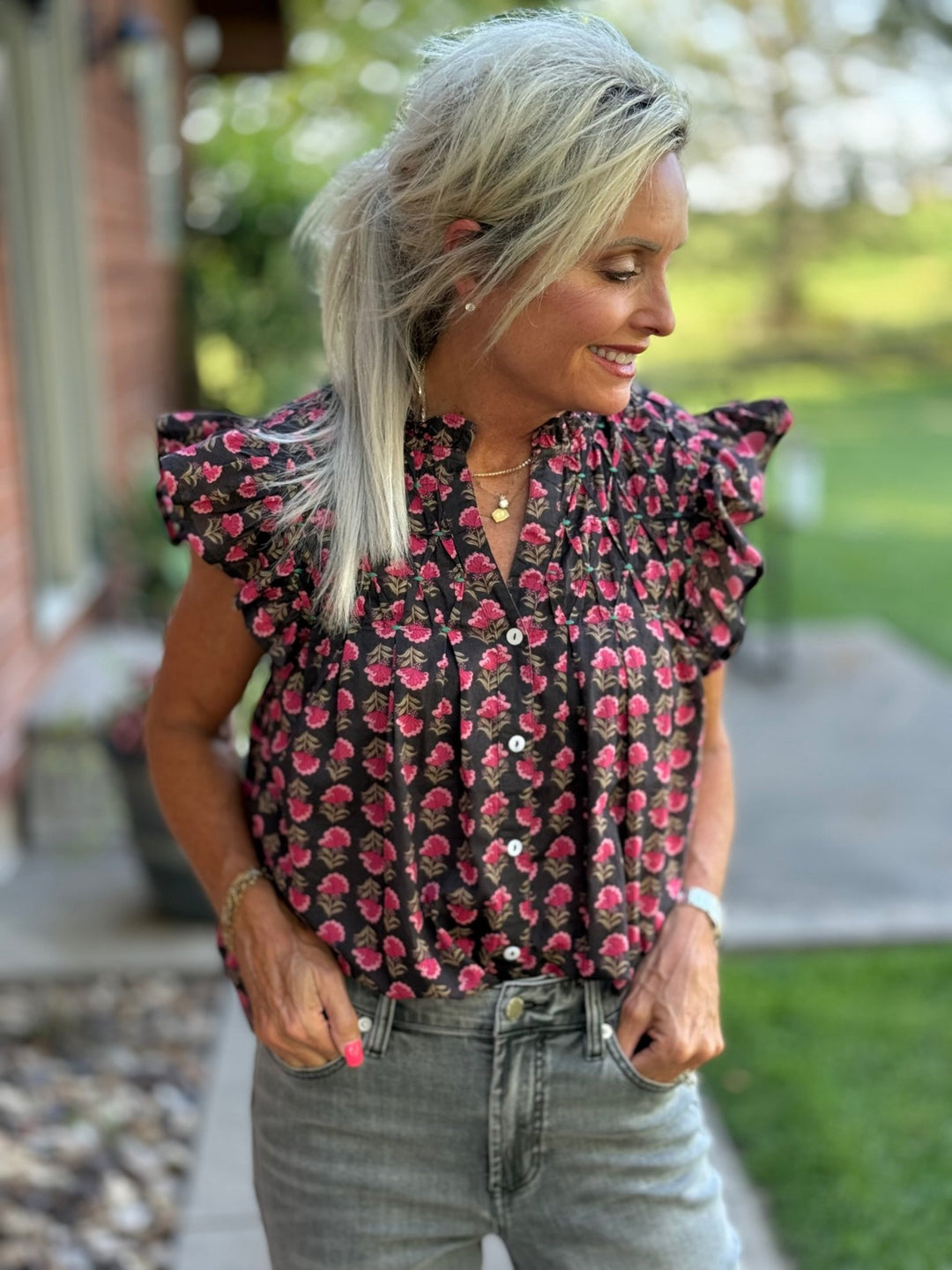 Button Front Flutter Sleeve Top from THML - High Call Outfitters