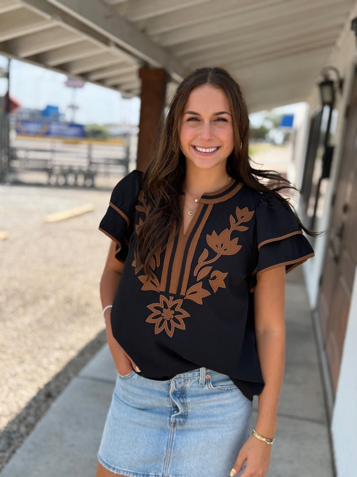 Floral Applique Flutter Sleeve Top - High Call Outfitters