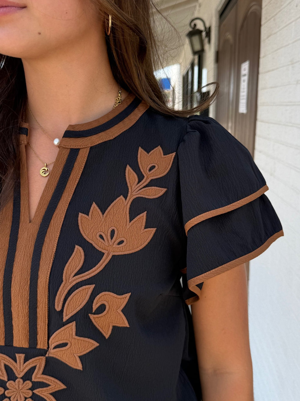 Floral Applique Flutter Sleeve Top - High Call Outfitters