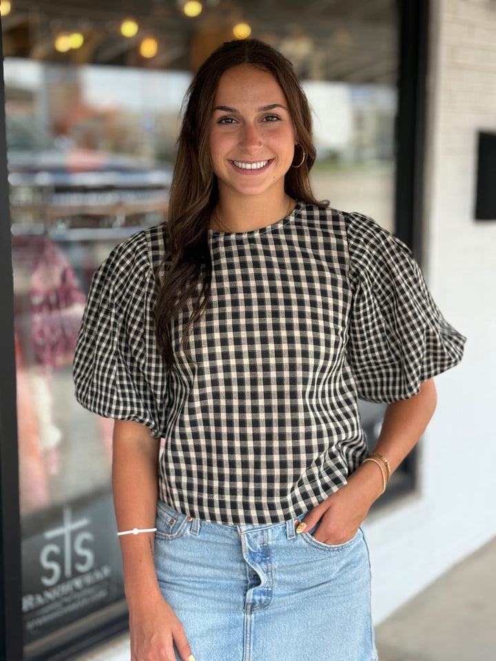 Gingham Puff Sleeve Cropped Top