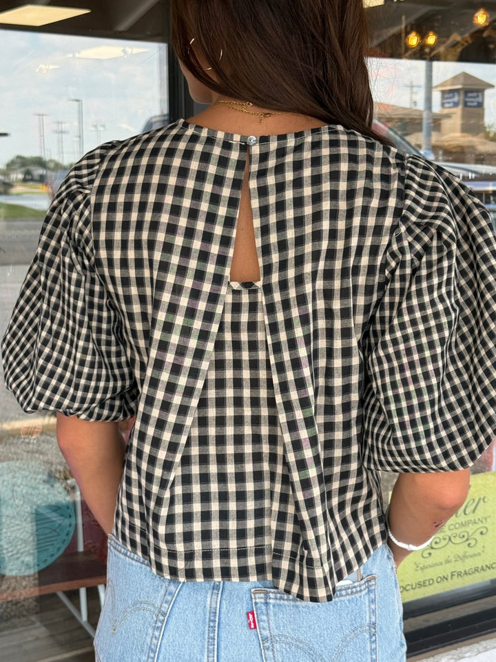 Gingham Puff Sleeve Cropped Top