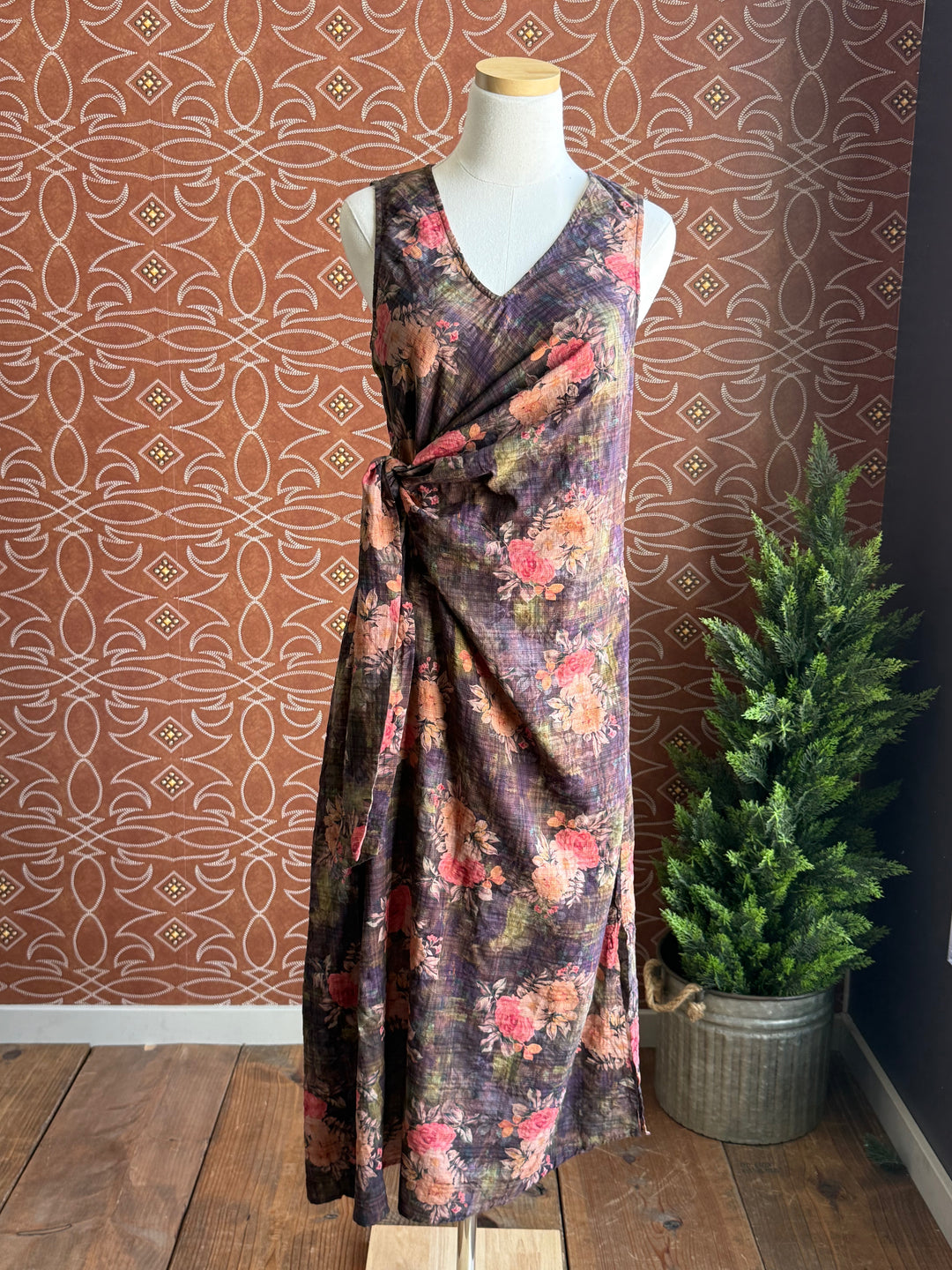 Side Tie Antique Floral Midi Dress