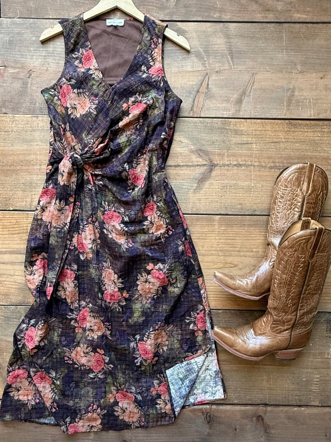 Side Tie Antique Floral Midi Dress
