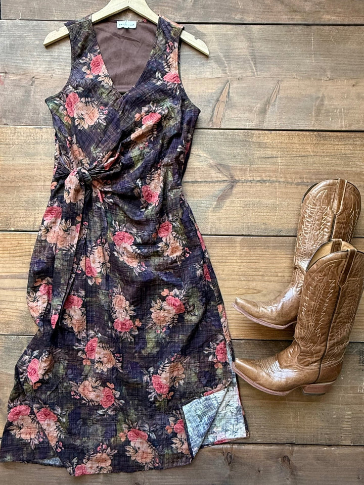 Side Tie Antique Floral Midi Dress
