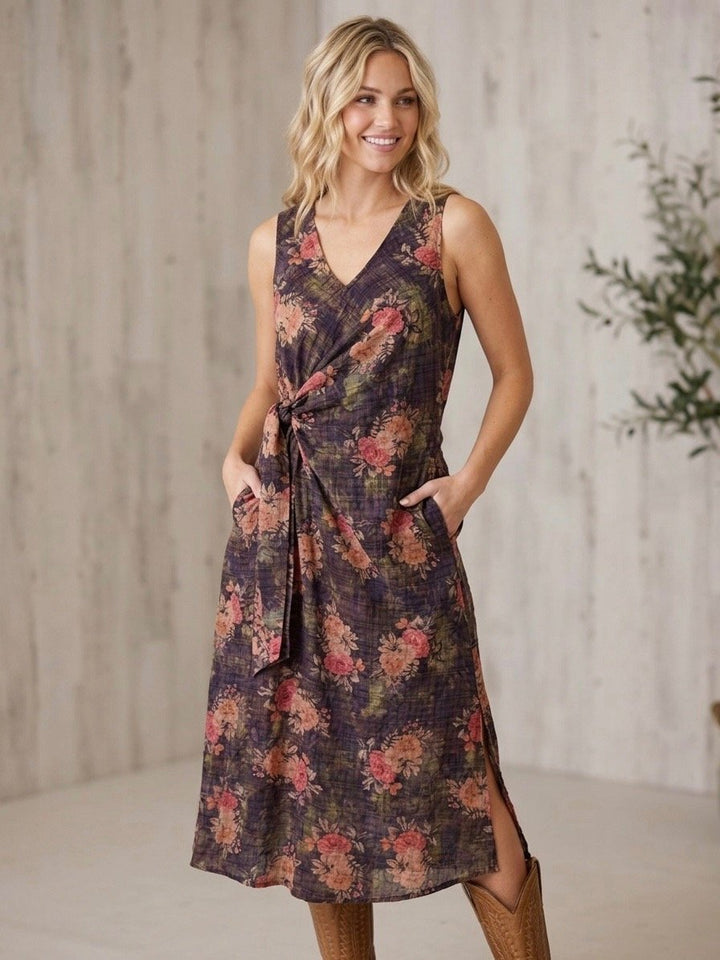 Side Tie Antique Floral Midi Dress