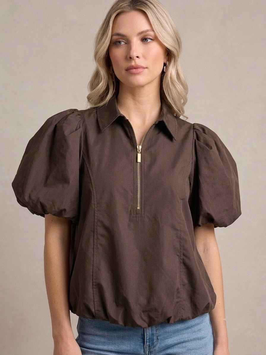 Puff Sleeve 1/4 Zip Top - High Call Outfitters