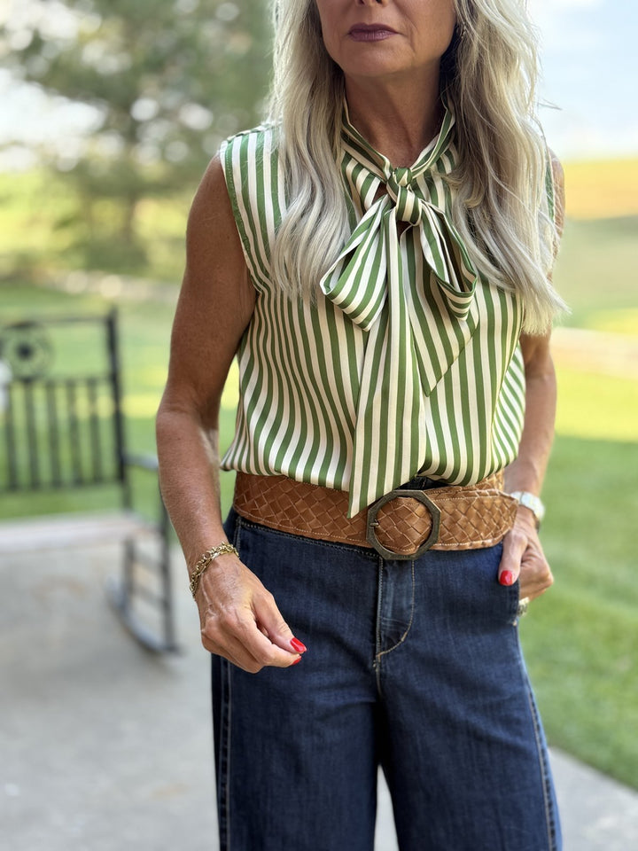 Striped Sleeveless Tie Front Top - High Call Outfitters