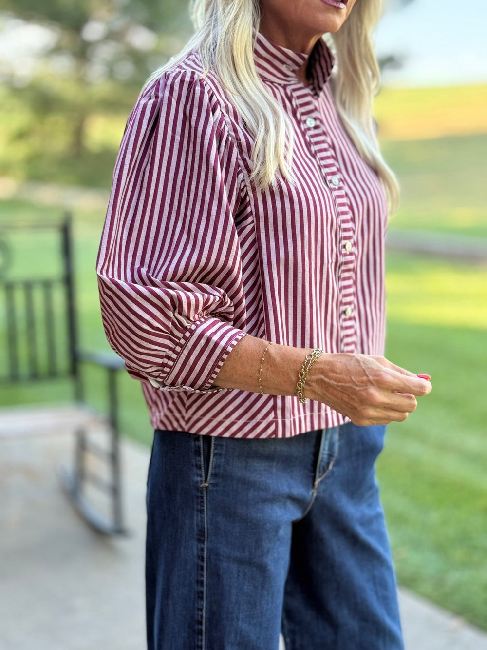 Striped Button Front Puff Sleeve Top - High Call Outfitters