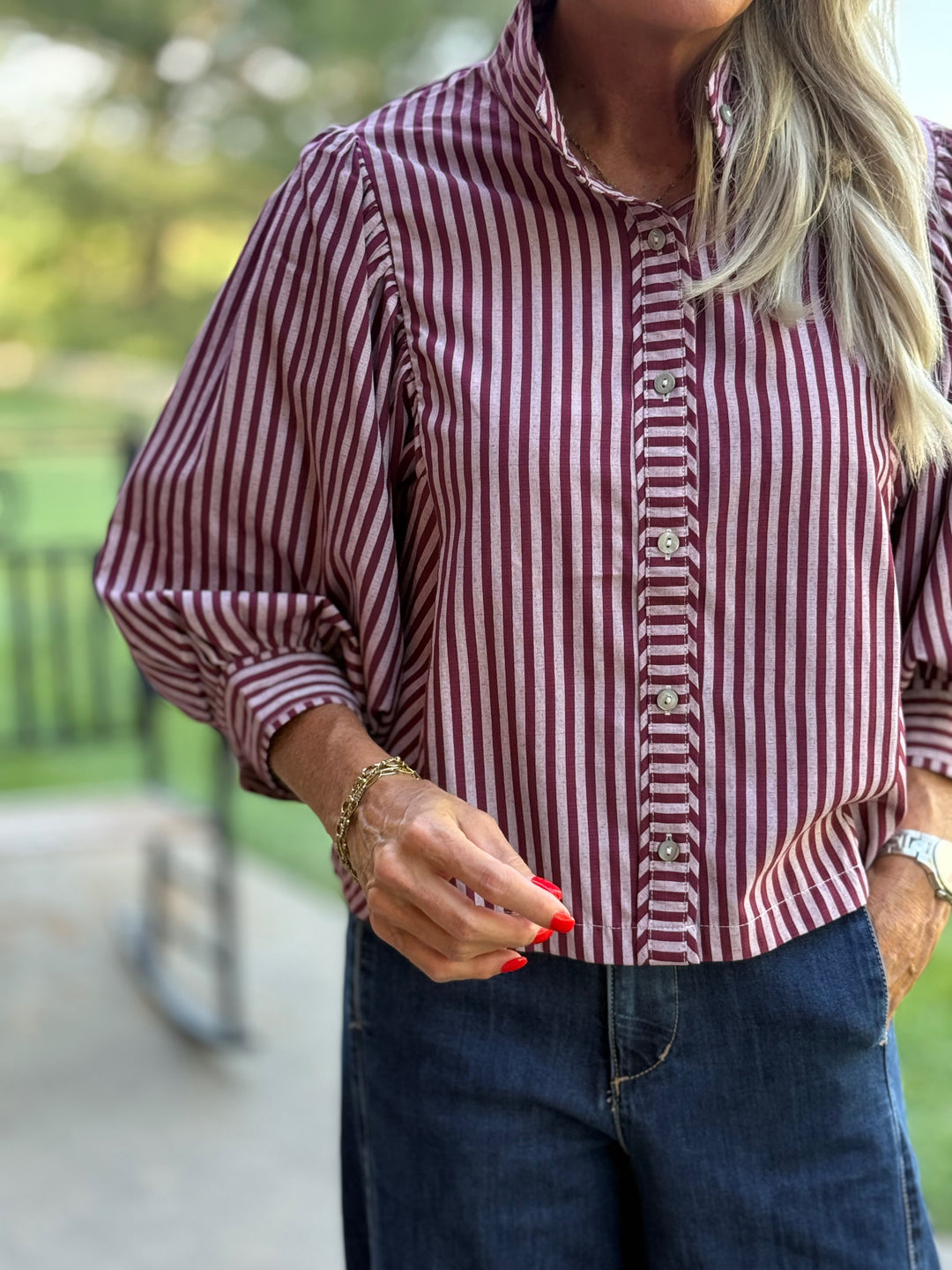 Striped Button Front Puff Sleeve Top