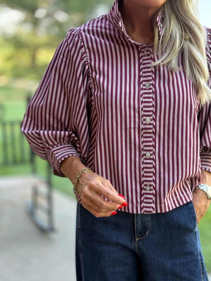 Striped Button Front Puff Sleeve Top - High Call Outfitters