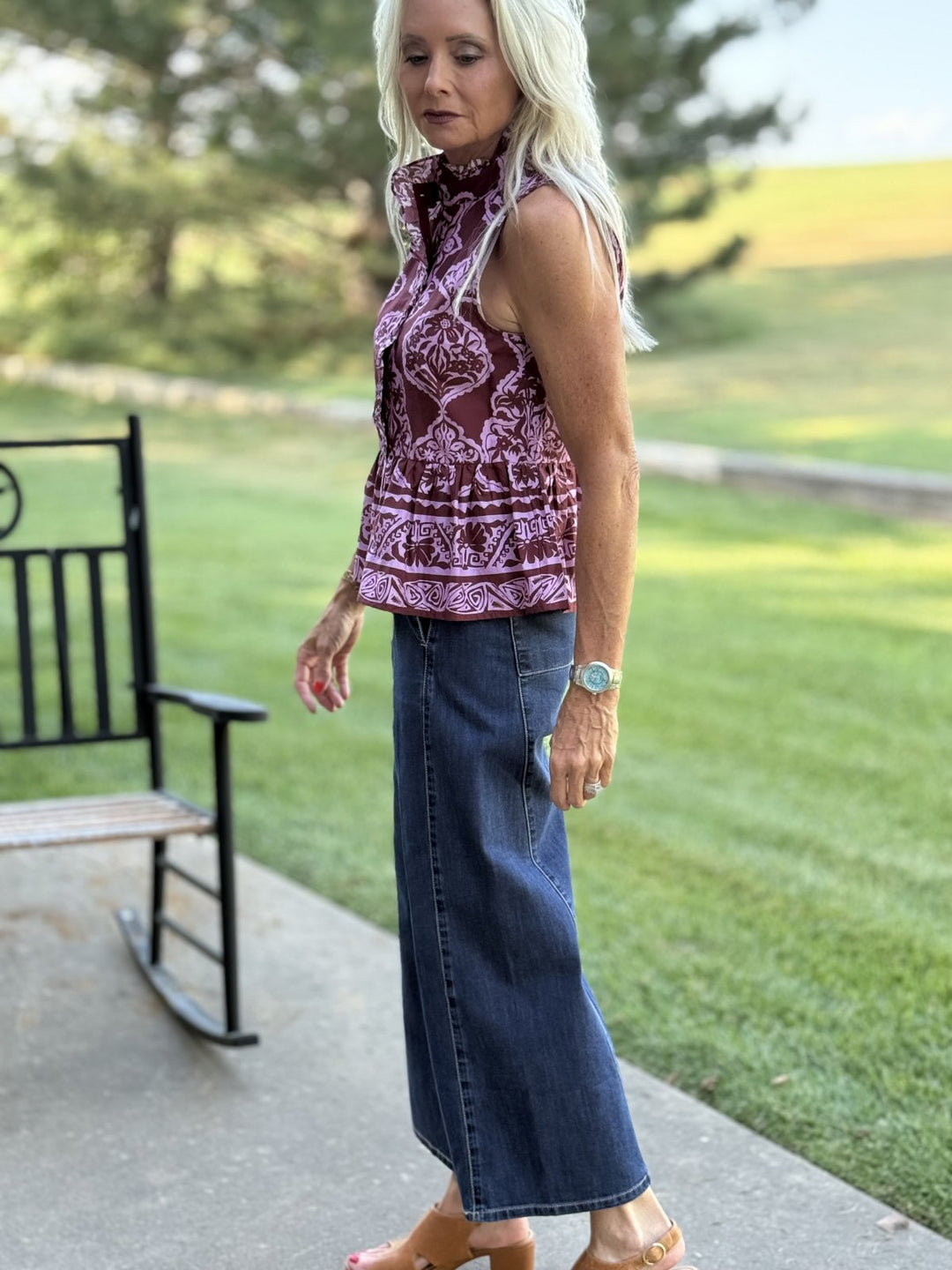 Paisley Print Ruffle Trim Peplum Top