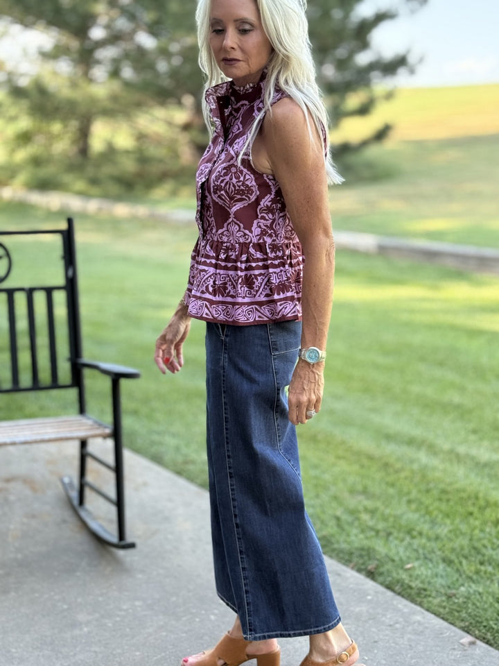 Paisley Print Ruffle Trim Peplum Top