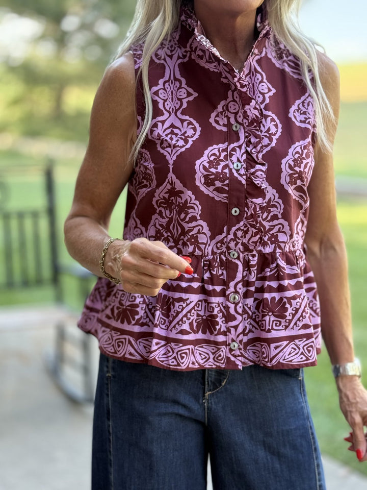 Paisley Print Ruffle Trim Peplum Top