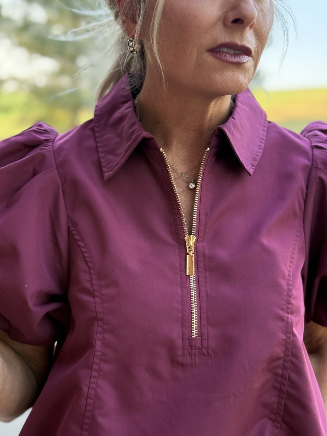Puff Sleeve 1/4 Zip Top