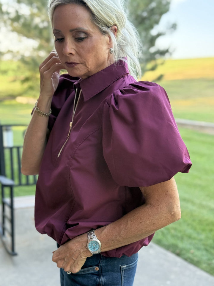 Puff Sleeve 1/4 Zip Top