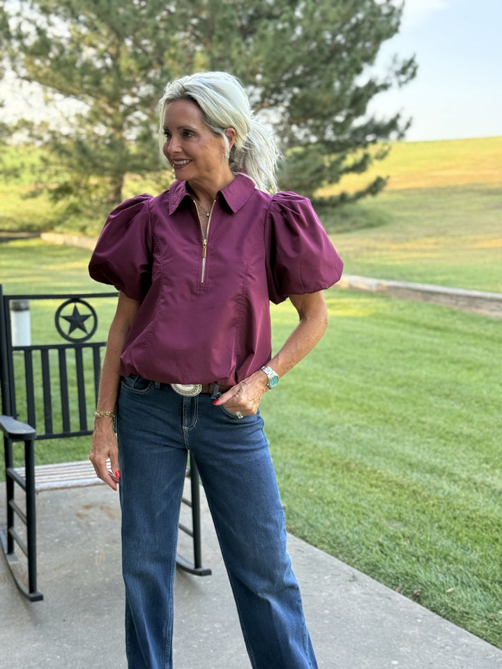 Puff Sleeve 1/4 Zip Top