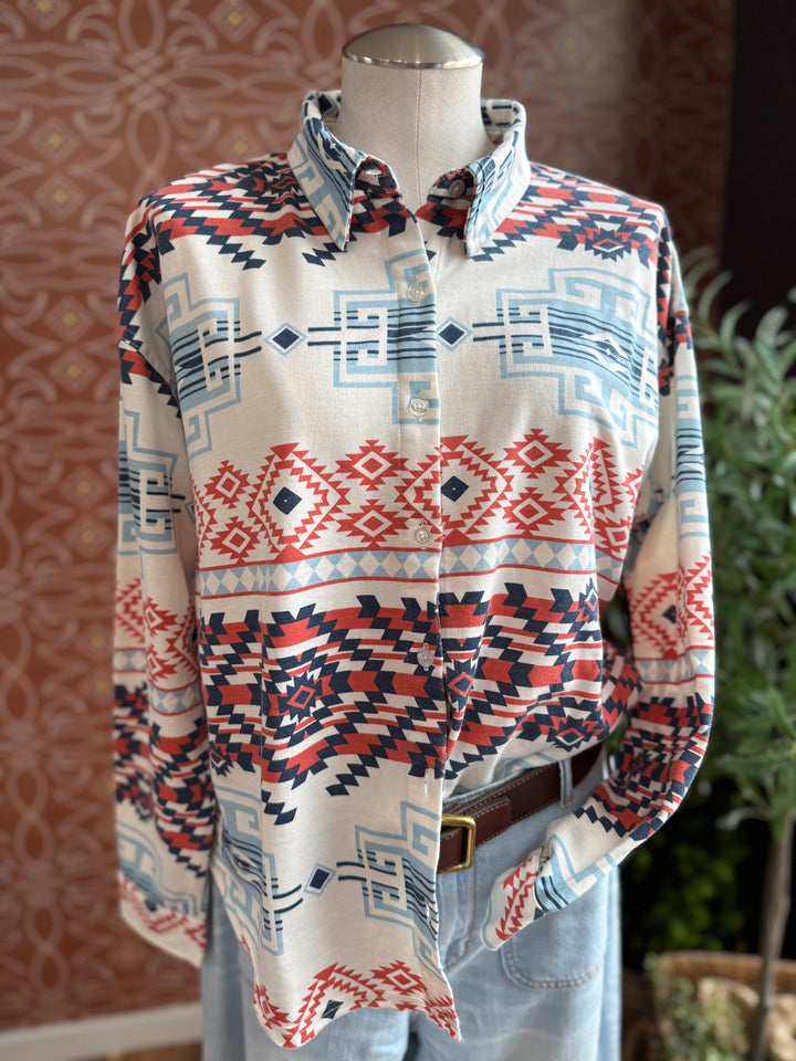 Knit Aztec Button Front Top