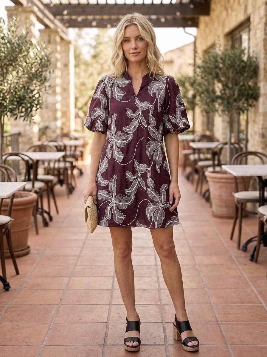 Embroidered Puff Sleeve Mini Dress - High Call Outfitters