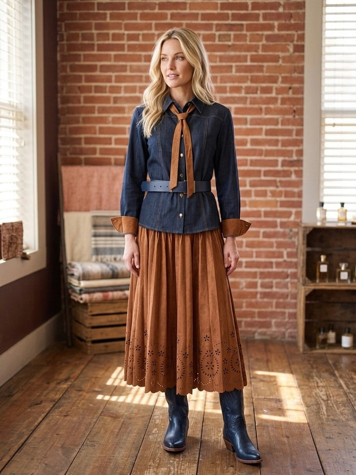 Laser Cut Pleated Faux Suede Skirt