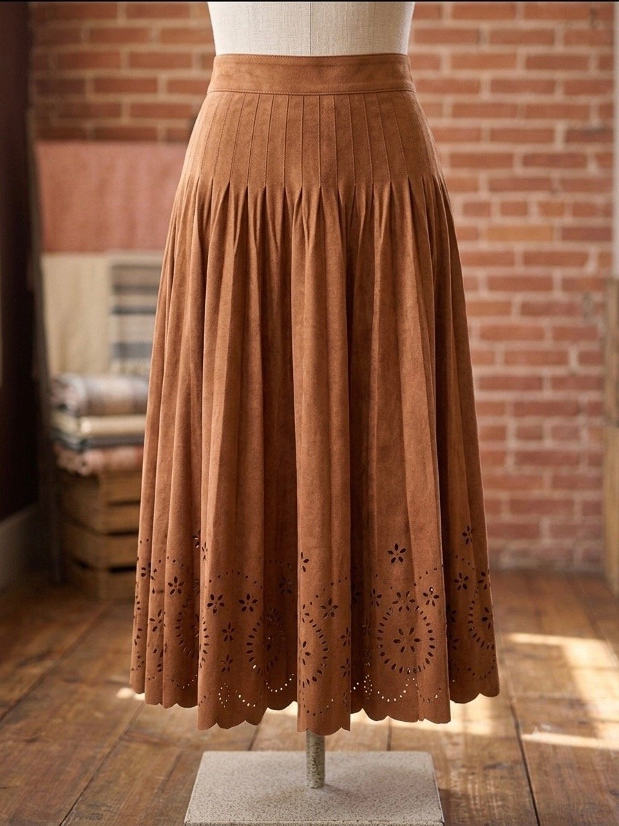 Laser Cut Pleated Faux Suede Skirt