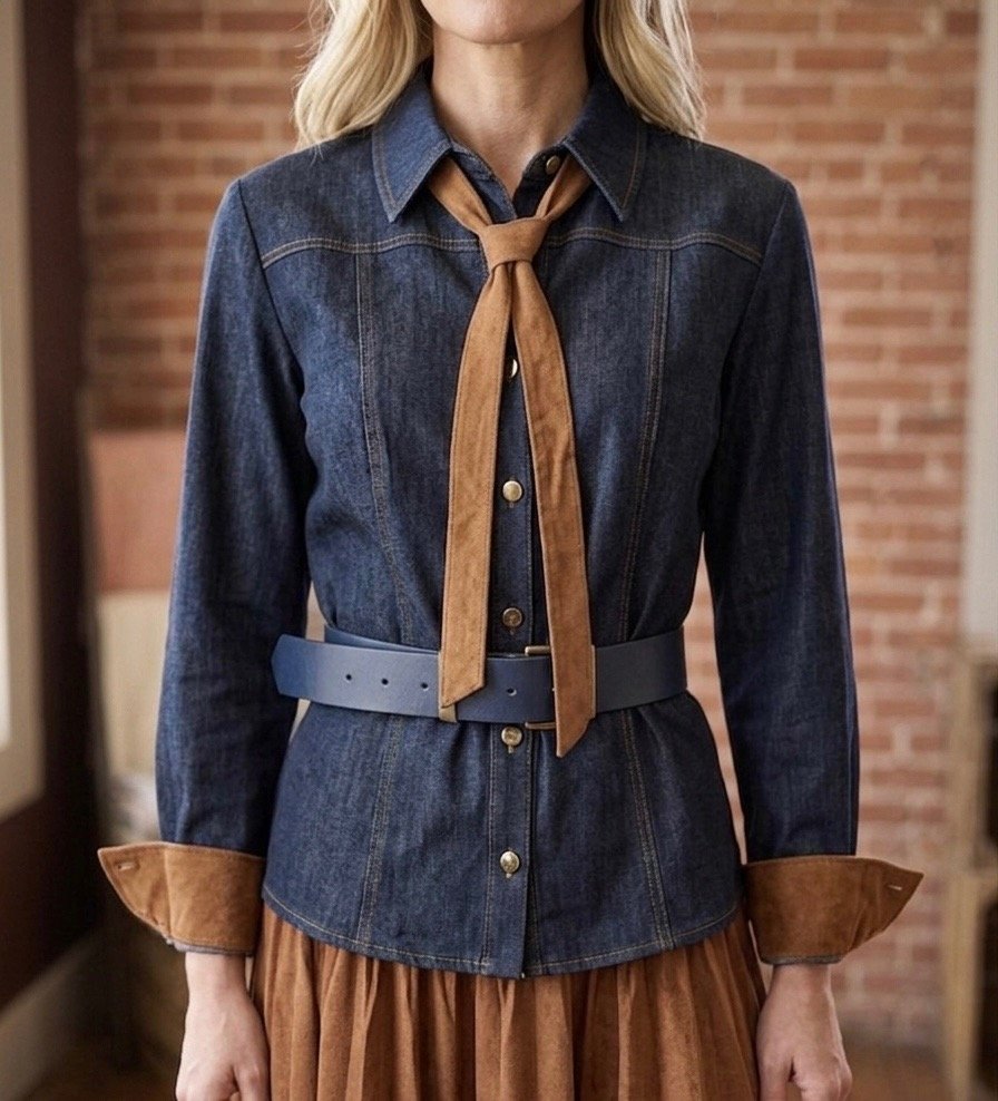Denim Shirt with Faux Suede Tie